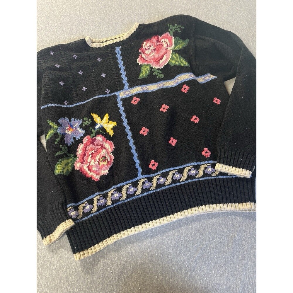 VTG 80’s 90’s Lizwear Liz Claiborne Sweater Embroidered Roses Women’s  Lg Black